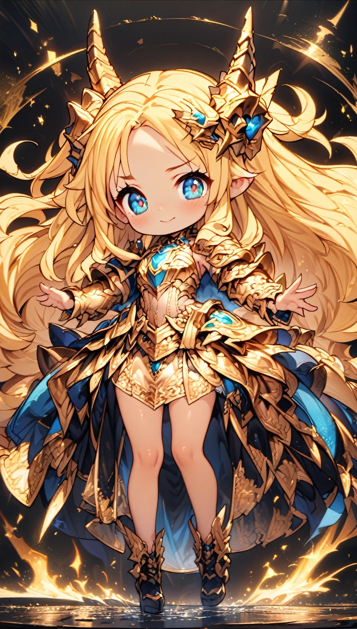 masterpiece, Best Quality, Very detailed, High resolution, Japanese anime、1girl, Blonde Hair、（Medium length hair：1.4）、Side braid hair, Curly Hair, Wavy Hair、, Drill Hair, Curly Outward Hair, Dragon Horn、（blue eyes：1.5）、（Beautiful detailed eyes：1.4）、Laughter、12 years old、3 heads, original character, Fantasy、（Black Background：1.2）、(full body:1.8)、Beautiful fingers, Are standing、（Gold Lace Frill Armor Dress：1.5）、（Jeweled Headgear：1.5）、Photographed from the front, View your viewers