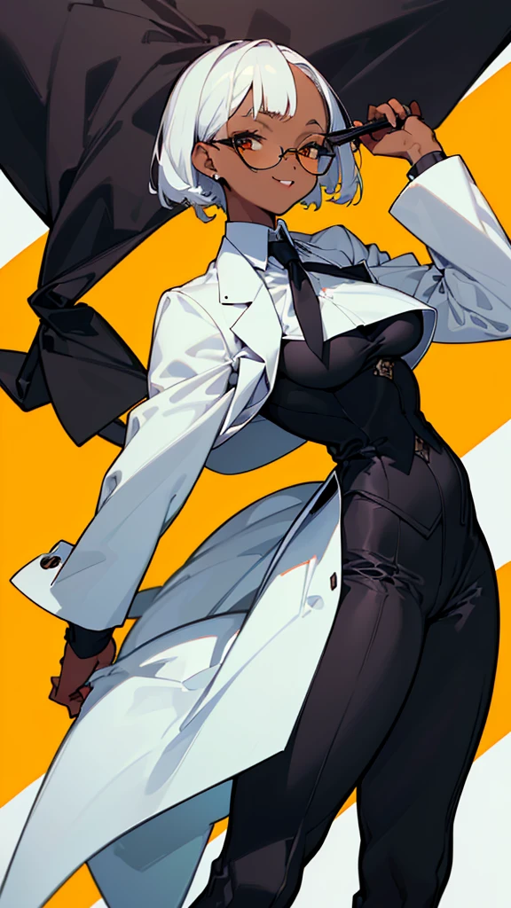 (highest quality、masterpiece:1.2) 1 Female、adult、((Dark skinned women、long white short hair、Hair over the ears)) Golden Eyes、Glasses、((Black business suit、Black tailored jacket、White shirt、Black pantsuit)) (Office Background) (Malicious smile) sharp eye, underboob, long tongue, fantastic background,