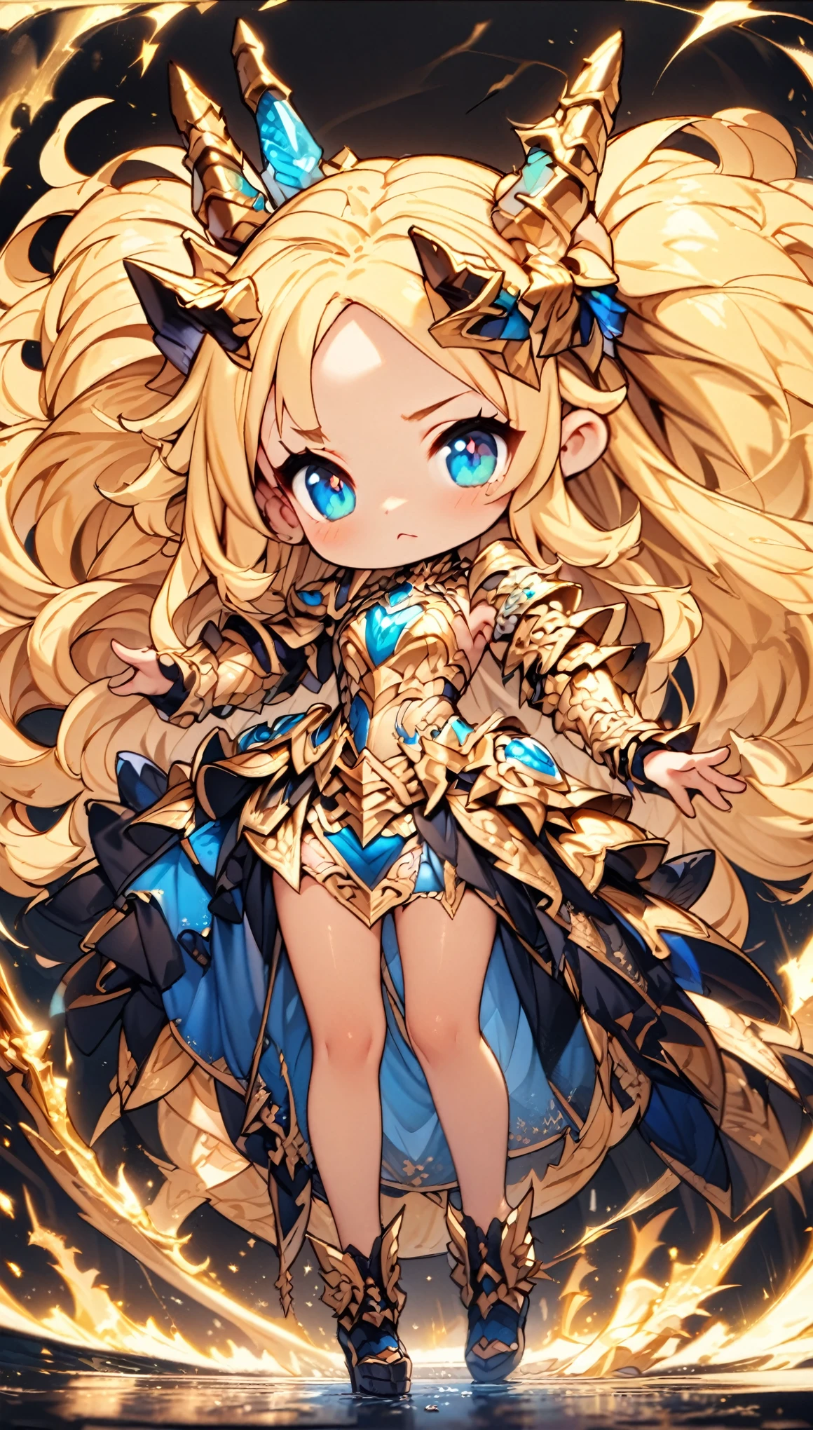 masterpiece, Best Quality, Very detailed, High resolution, Japanese anime、1girl, Blonde Hair、（Medium length hair：1.4）、Side braid hair, Curly Hair, Wavy Hair、, Drill Hair, Curly Outward Hair, Dragon Horn、（blue eyes：1.5）、（Beautiful detailed eyes：1.4）、Laughter、12 years old、3 heads, original character, Fantasy、（Black Background：1.2）、(full body:1.8)、Beautiful fingers, Are standing、（Gold Lace Frill Armor Dress：1.5）、（Jeweled Headgear：1.5）、Photographed from the front, View your viewers