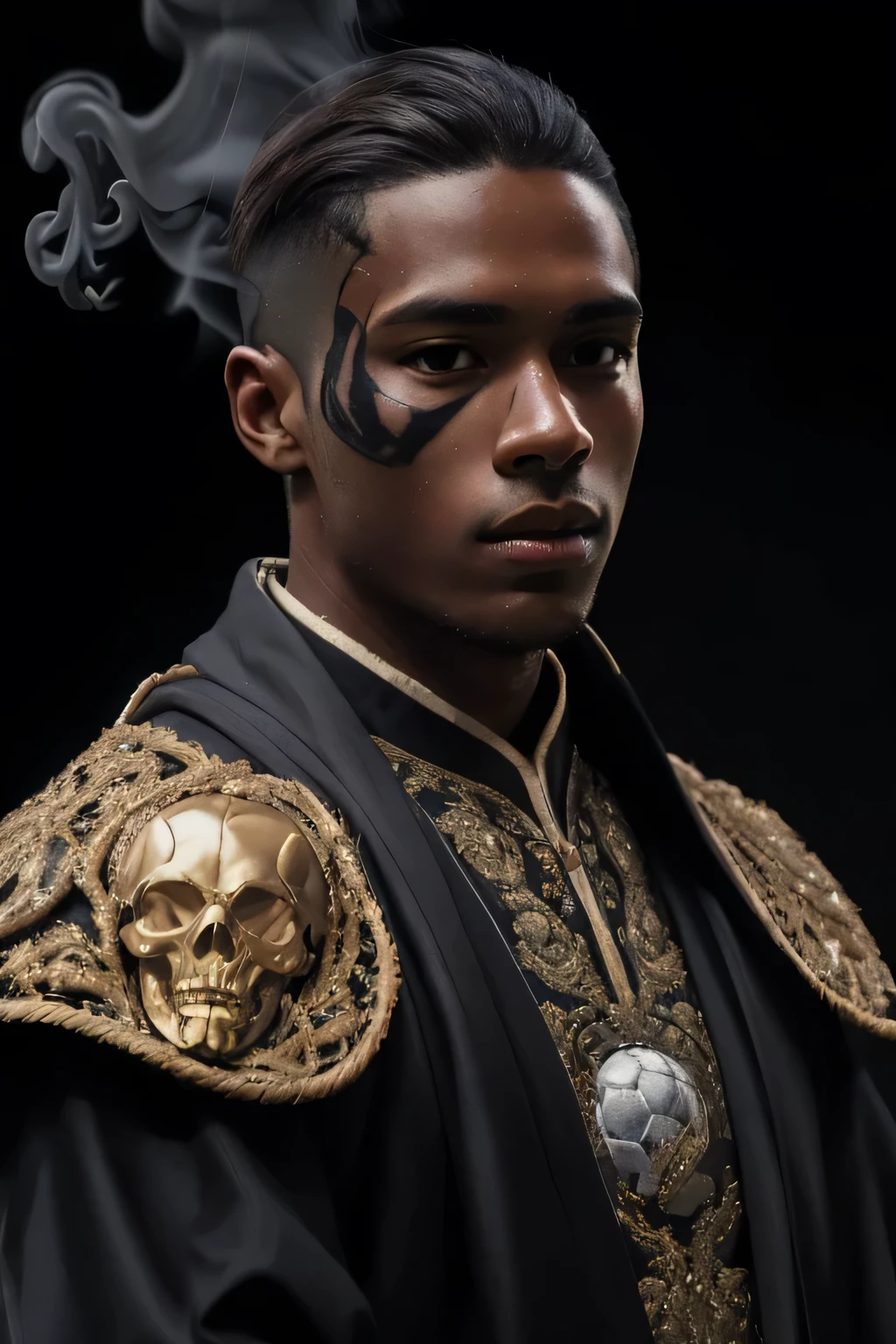 joueur de football masculin debout sur le côté, Peau noire, cheveux caramel, cheveux séparés, cheveux raides séparés sur le côté, porter une robe élaborée.tir à moitié du corps, chef-d&#39;œuvre, visage parfait, détails complexes,  entouré de fumée noire, cheveux séparés, cheveux style preppy, cheveux couleur caramel