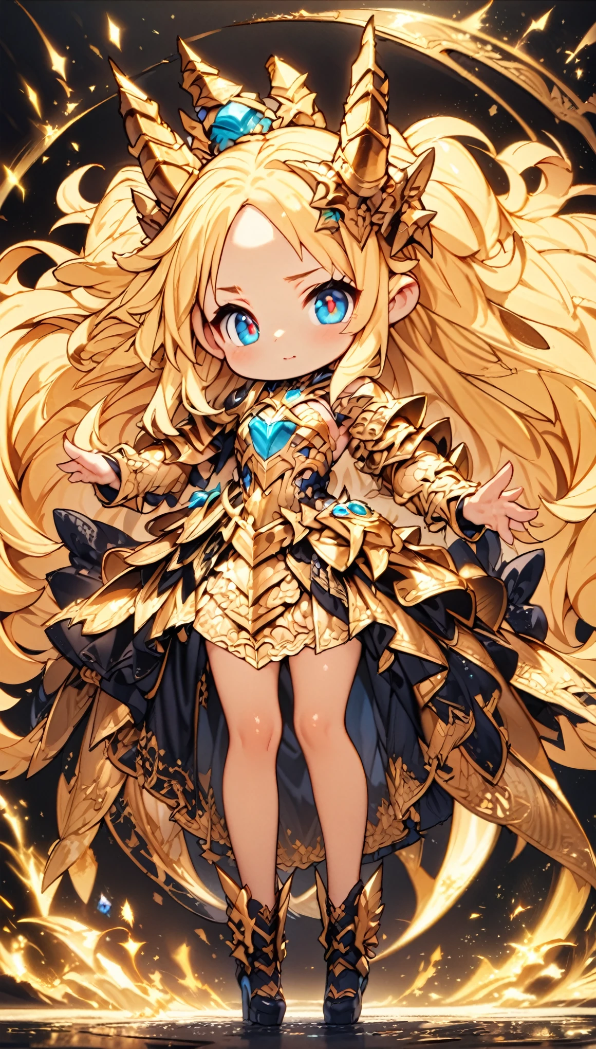 masterpiece, Best Quality, Very detailed, High resolution, Japanese anime、1girl, Blonde Hair、（Medium length hair：1.4）、Side braid hair, Curly Hair, Wavy Hair、, Drill Hair, Curly Outward Hair, Dragon Horn、（blue eyes：1.5）、（Beautiful detailed eyes：1.4）、Laughter、12 years old、3 heads, original character, Fantasy、（Black Background：1.2）、(full body:1.8)、Beautiful fingers, Are standing、（Gold Lace Frill Armor Dress：1.5）、（Jeweled Headgear：1.5）、Photographed from the front, View your viewers