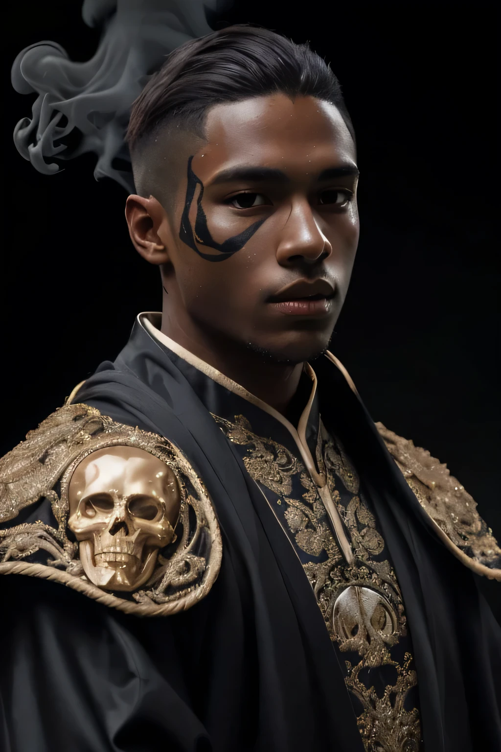 joueur de football masculin debout sur le côté, Peau noire, cheveux caramel, cheveux séparés, cheveux raides séparés sur le côté, porter une robe élaborée.tir à moitié du corps, chef-d&#39;œuvre, visage parfait, détails complexes,  entouré de fumée noire, cheveux séparés, cheveux style preppy, cheveux couleur caramel