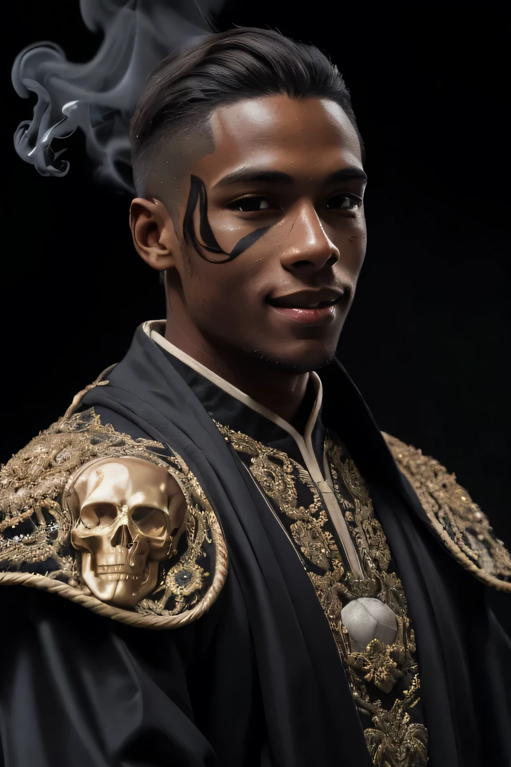 male soccer player standing sideways, black skin, caramel hair, parted hair, parted sideways straight hair, wearing elaborate robe.half-body-shot, masterpiece, perfect face, intricate details,  surrounded by black smoke, parted hair, preppy style hair, caramel color hair, smiling, white smile