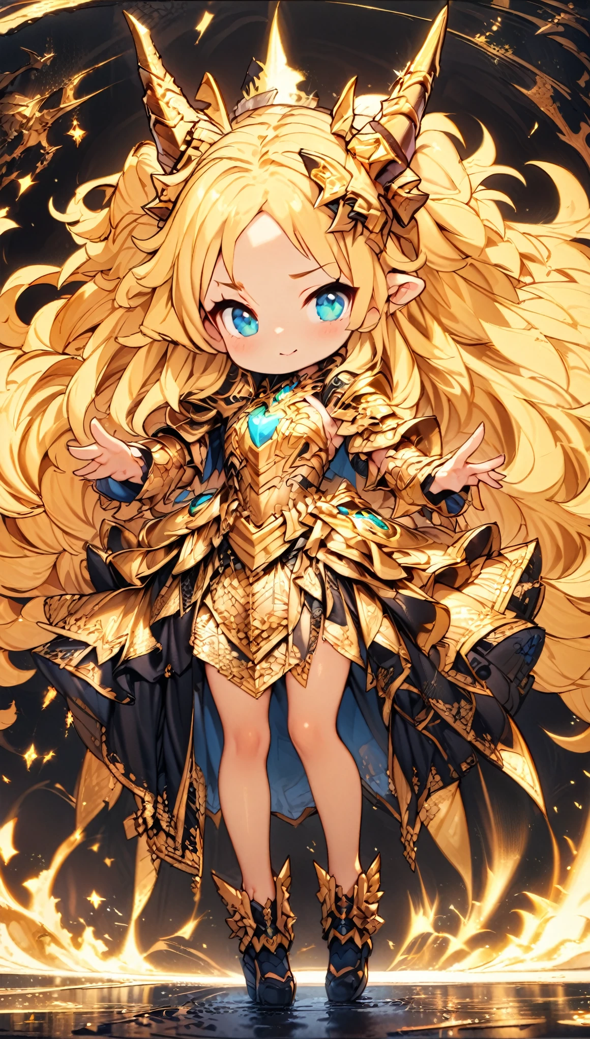 masterpiece, Best Quality, Very detailed, High resolution, Japanese anime、1girl, Blonde Hair、（Medium length hair：1.4）、Side braid hair, Curly Hair, Wavy Hair、, Drill Hair, Curly Outward Hair, Dragon Horn、（blue eyes：1.5）、（Beautiful detailed eyes：1.4）、Laughter、12 years old、3 heads, original character, Fantasy、（Black Background：1.2）、(full body:1.8)、Beautiful fingers, Are standing、（Gold Lace Frill Armor Dress：1.5）、（Jeweled Headgear：1.5）、Photographed from the front, View your viewers