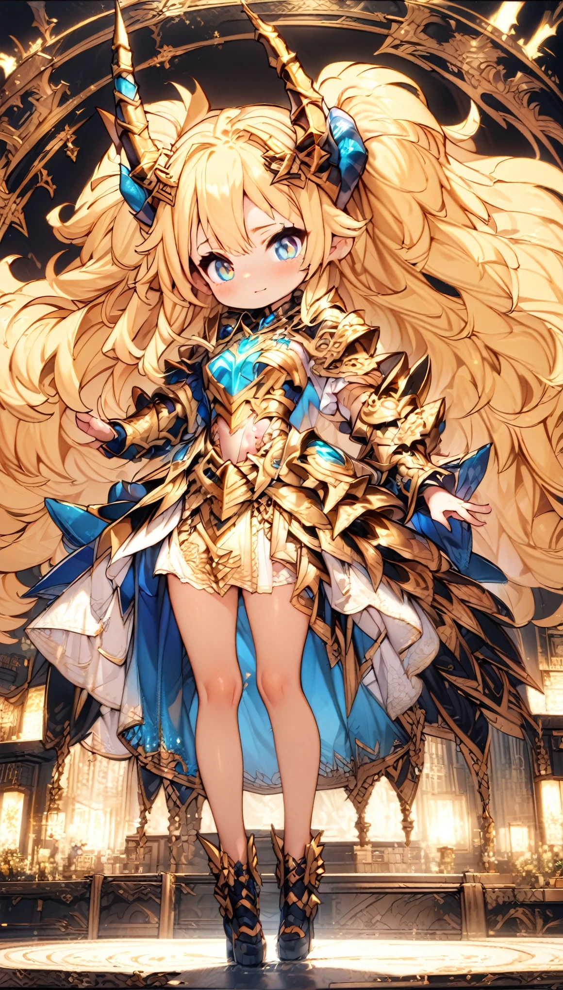 masterpiece, Best Quality, Very detailed, High resolution, Japanese anime、1girl, Blonde Hair、（Medium length hair：1.4）、Side braid hair, Curly Hair, Wavy Hair、, Drill Hair, Curly Outward Hair, Dragon Horn、（blue eyes：1.5）、（Beautiful detailed eyes：1.4）、Laughter、12 years old、3 heads, original character, Fantasy、（Black Background：1.2）、(full body:1.8)、Beautiful fingers, Are standing、（Gold Lace Frill Armor Dress：1.5）、（Jeweled Headgear：1.5）、Photographed from the front, View your viewers