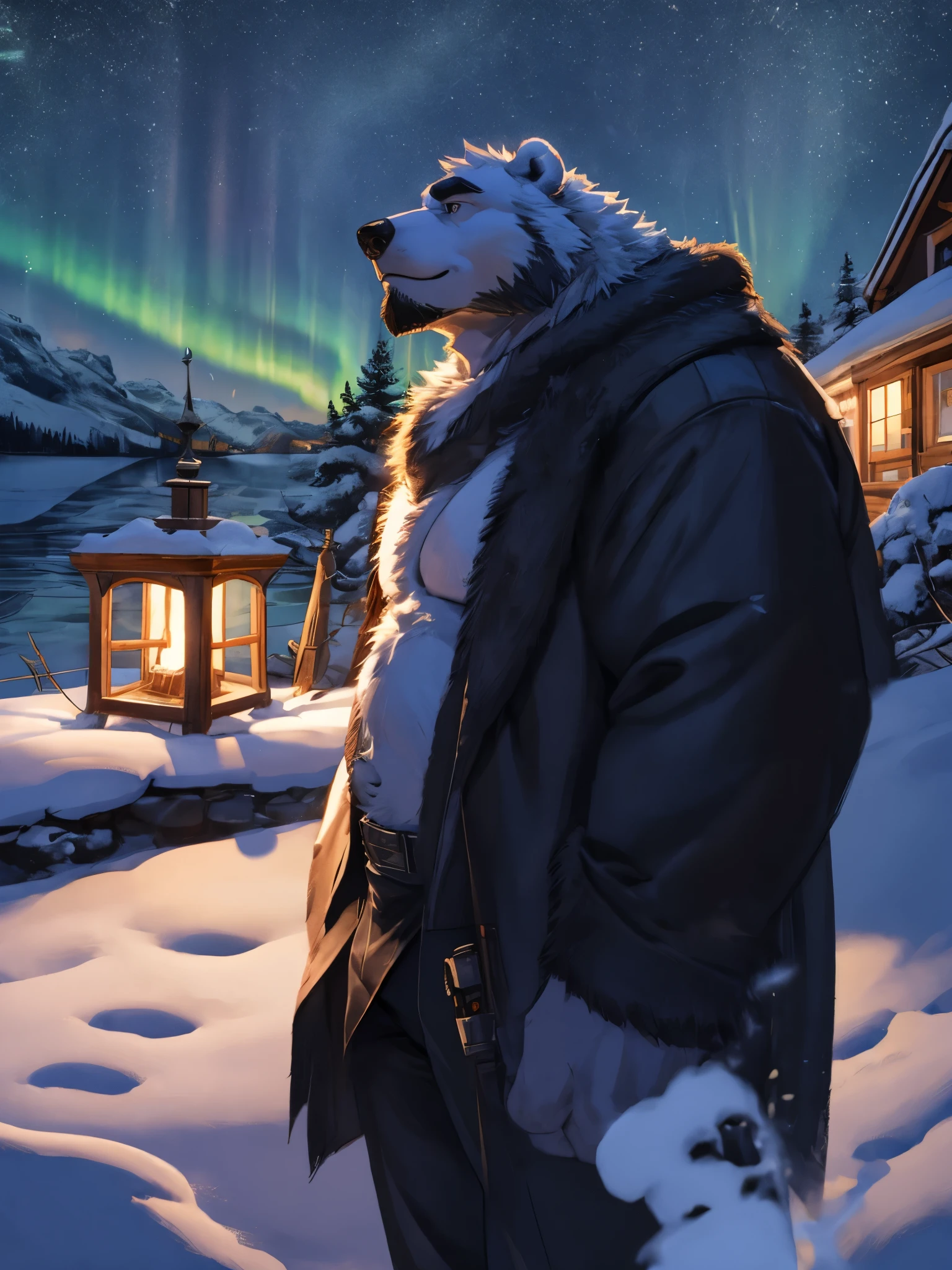 huge muscular, snow, long beards, old man, (furry bear), shirtless, topless, bulge, white bear, polar bear, lake, partial submerged, night, aurora borealis, realistic