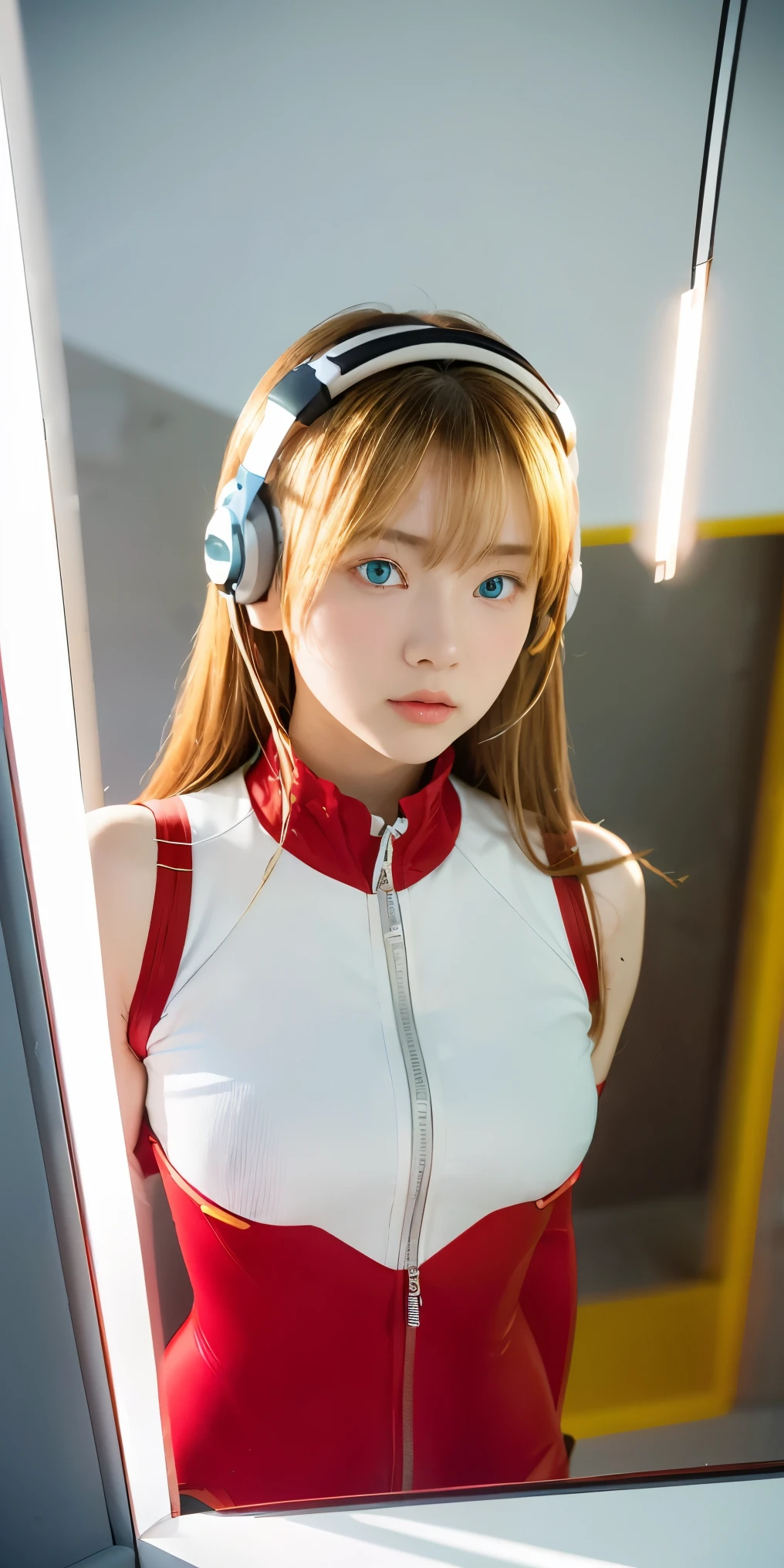 (Overhead view),dynamic angle,ultra-detailed, illustration, close-up, straight on, 1girl, 
 ((souryuu asuka langley, interface headset, red bodysuit:1.4, blonde)),Her eyes shone like dreamy stars,(glowing eyes:1.233),(beautiful and detailed eyes:1.1),(expressionless,closed mouth),(standing), 
(mechanic room with toolsand spaceship windowin a white SPACESHIP),
(night:1.2),dreamy, [[delicate fingers and hands:0.55]::0.85],(detail fingers),