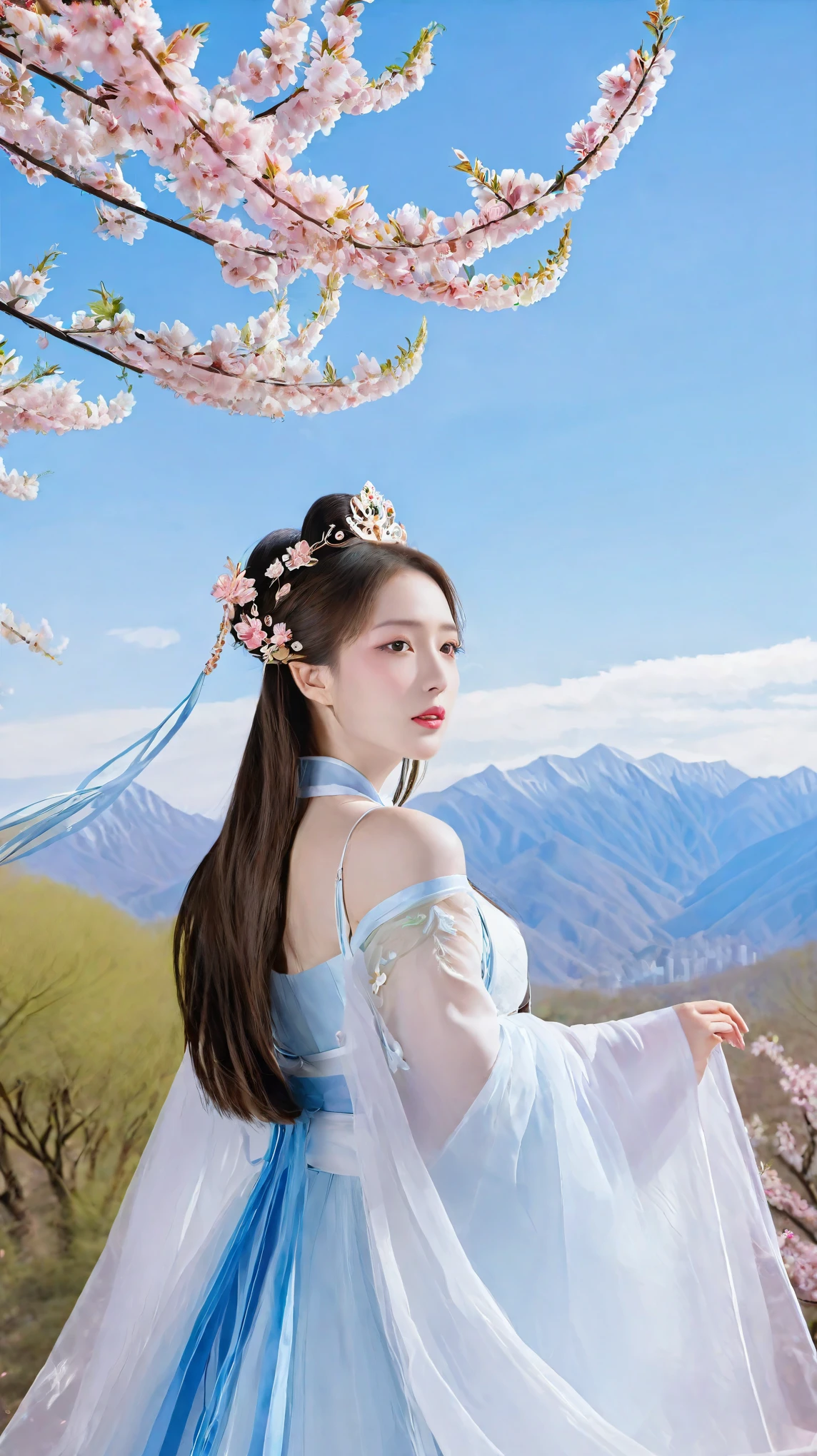 There are blue sky, white clouds and mountains in the distance、tower and many people，Pink flowers，Cherry tree，Hanfu woman,Phoenix crown tiara、Fine embroidery、Wear Hanfu pantyhose、Hanfu、Wear long-sleeved Hanfu、Transparent and clearly visible、Look and、Exposed oversized breasts、Raw,(8k、Top quality、masterpiece:1.8)、(Intricate details:1.8)、(Reality:1.8)、Octane Rendering、Complex 3D rendering with ultra-details, Studio soft light, Side light, Vivid details, Super Detail, Realistic skin texture, Details, beautiful eyes, Highly detailed CG Unity 16k wallpaper, cosmetic, (Detailed background:2.0), Clear fingers，Beautiful fingers，Radiant skin、Spread your legs，Camel toe showing thigh!!!、