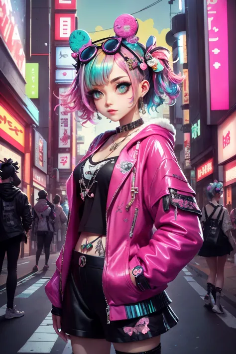 This is a cool cyberpunk and ornate (masterpiece). Generate a trendy decora woman in the colorful and busy streets of cyberpunk ...