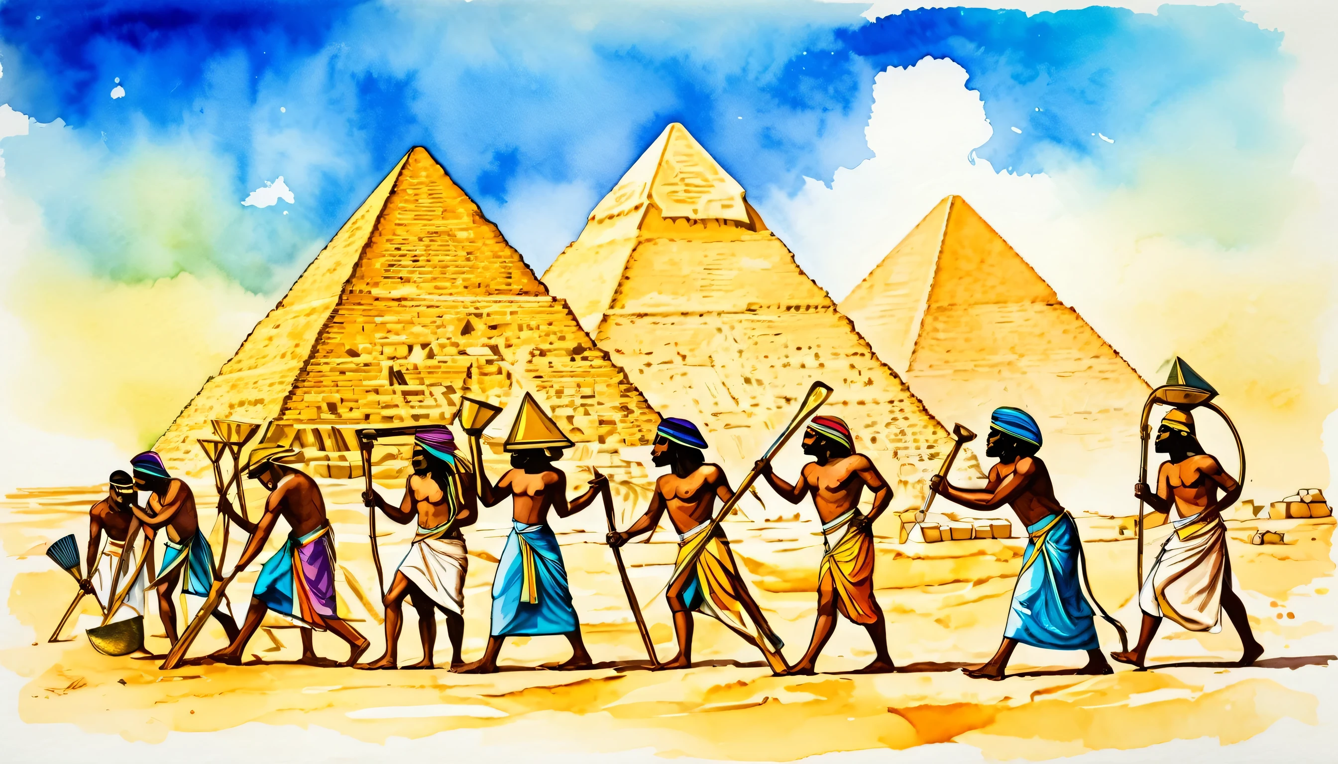 ancient Egypt, slaves building pyramids, slaves holding work tools, modern art, painting, drawing, watercolor, psychedelic colors