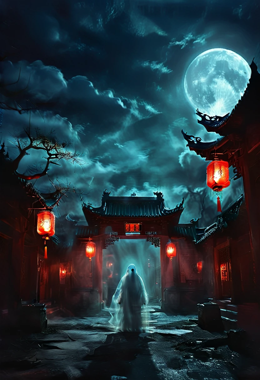 (best quality,high resolution:1.2),Super detailed,Practical:1.37,a transparent ghost in midnight,Chinese Temple,jungle,desolate,,dark,barren land,weird,mystery,direful,Ominous Red,unforgettable,desolate,unmanned,(((dark sky)))，Transparent ghost photo，Holding a lantern, moonlight, heavily clouded, dark fantasy illustration style, darkart, High contrast, Dark Shadow, Atmospheric perspective , Melancholic colors, Film composition, Volumetric Lighting, number, Brushstrokes, Dramatic Lighting, Low Angle, Surrealism, Ultra Detailed, Surrealism
