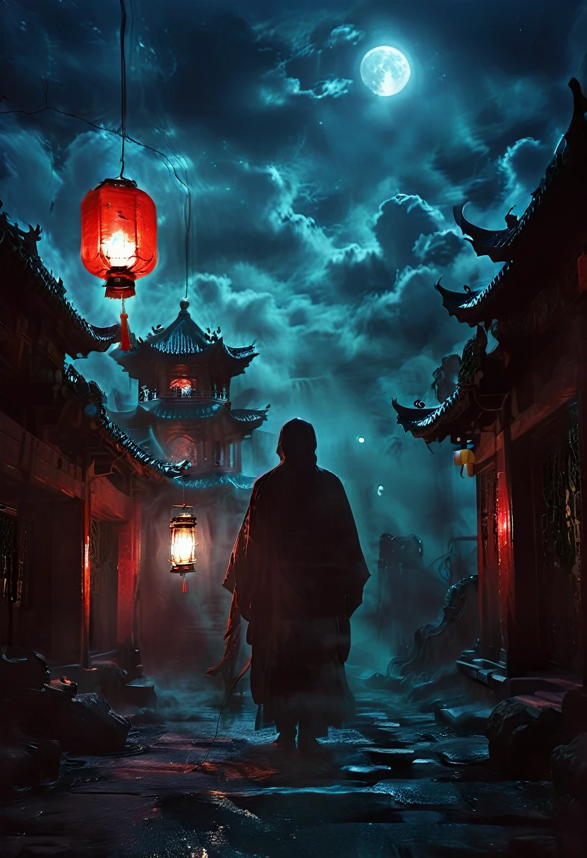 (best quality,high resolution:1.2),Super detailed,Practical:1.37,a transparent ghost in midnight,Chinese Temple,jungle,desolate,,dark,barren land,weird,mystery,direful,Ominous Red,unforgettable,desolate,unmanned,(((dark sky)))，Transparent ghost photo，Holding a lantern, moonlight, heavily clouded, dark fantasy illustration style, darkart, High contrast, Dark Shadow, Atmospheric perspective , Melancholic colors, Film composition, Volumetric Lighting, number, Brushstrokes, Dramatic Lighting, Low Angle, Surrealism, Ultra Detailed, Surrealism