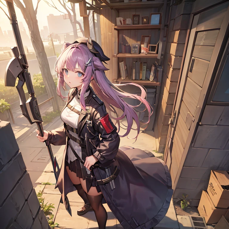 The style is similar to the anime characters in the mobile game Arknights，Race is the film in the game，Little Loli，From the in-game country Victoria，Occupation is the intelligence unit of the country in the game Gray Hat，Age 18 years，Height 150cm，The hair is pink，She is petite and cute, but can hide her enormous strength under her uniform.，Good appearance，There is a murderous atmosphere，But the walking posture is a bit silly，The weapon is a two-handed axe.，Taller than her，Usually put it behind your back，When danger comes, it will quickly enter combat mode，The background of the characters is the training ground of the combat organization，At this time, she is fully equipped and ready for training.。