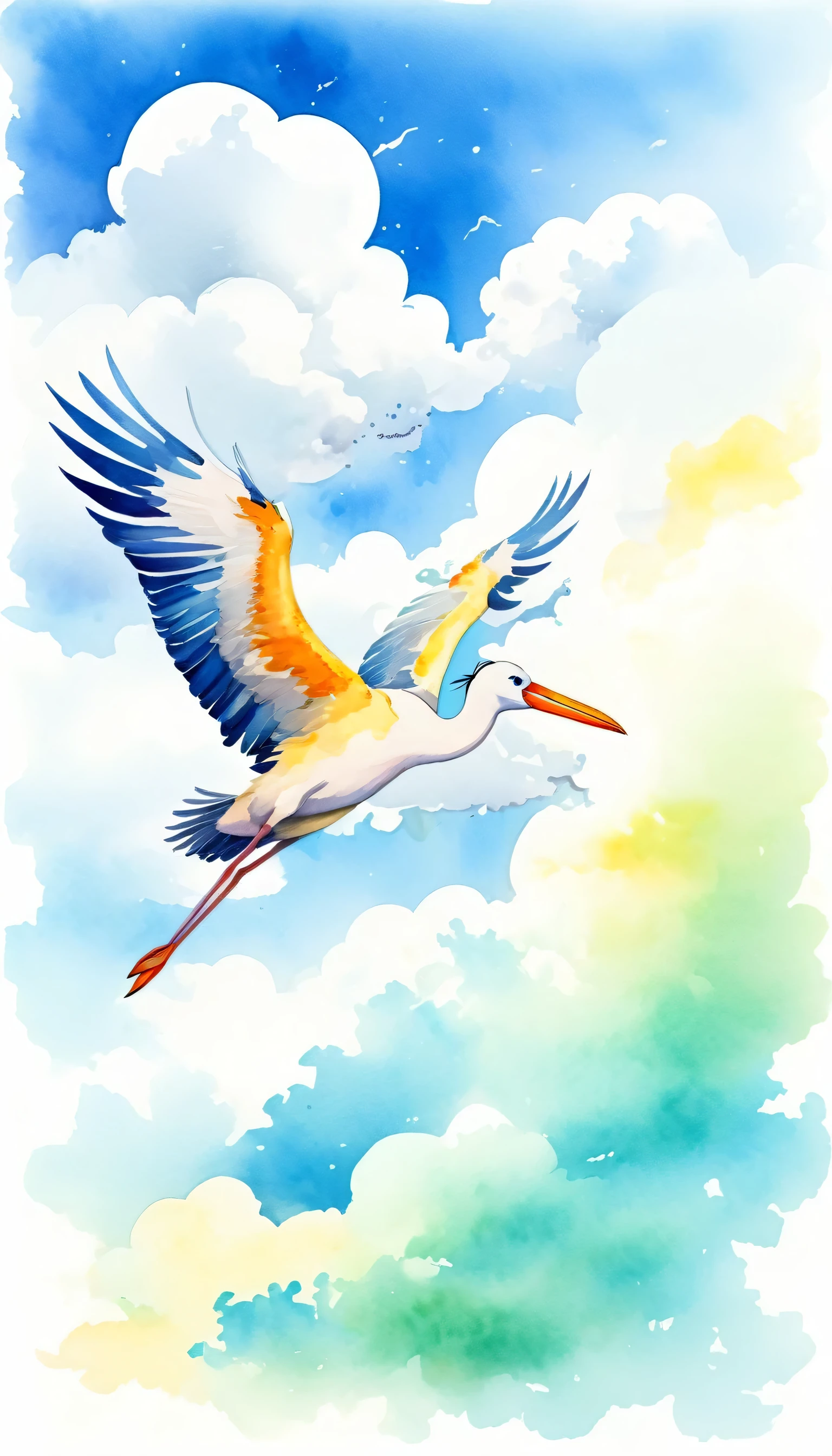 stork flying in the sky, stork carrying a baby, delivering a baby in its beak, clouds, sky, animal_focus, cloudy_sky, funny, cartoon, modern art, painting, drawing, watercolor, psychedelic colors
