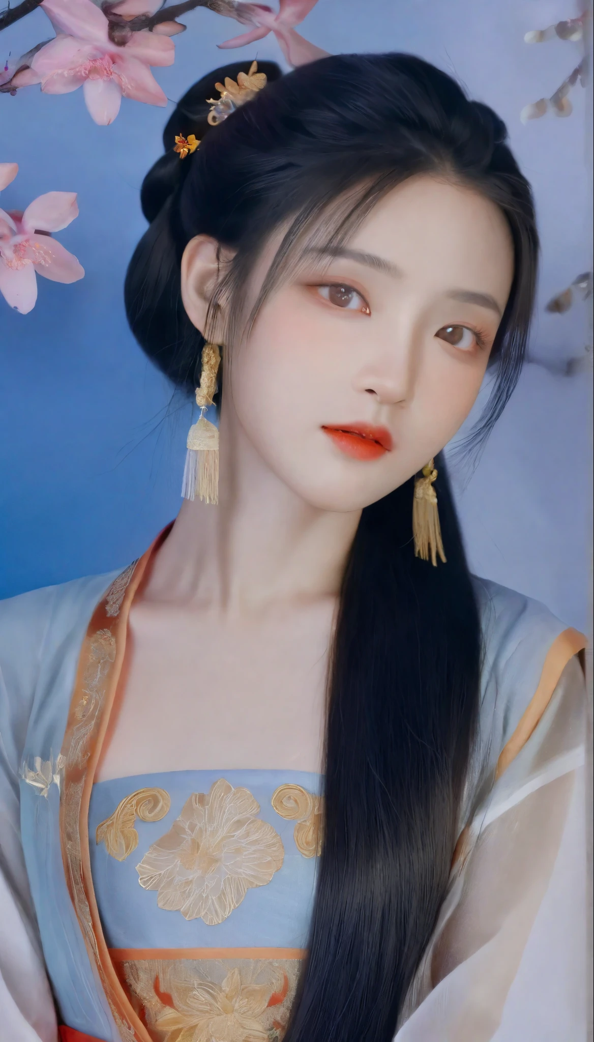 A beautiful hanfu-clad girl with a dreamy and naive expression stands in the center of the composition. Her attire is semi-transparent, revealing glimpses of her delicate skin underneath. The hanfu is adorned with intricate gold embroidery, adding a touch of luxury and elegance to the overall look. Her eyes are detailed and captivating, with long, fluttering eyelashes that enhance her gaze.

Surrounding the girl, an ethereal aura radiates, creating a soft and enchanting atmosphere. The lighting is gentle, casting a warm glow on her features and highlighting the delicate nuances of her face. The colors in the scene are vibrant and vivid, creating a visually captivating and immersive experience.

This artwork is meticulously crafted, ensuring the best quality and attention to detail. With its ultra-detailed depiction, every aspect of the girl's appearance, from the embroidery on her hanfu to the strands of her flowing hair, is rendered with precision and realism.

The overall style of the artwork leans towards a realistic approach, emphasizing the lifelike qualities of the subject while retaining an element of fantastical beauty. The composition showcases a full-body view of the girl, allowing viewers to appreciate the grace and elegance of her posture.

With this prompt, Stable Diffusion will generate a high-resolution, masterpiece-like image of a hanfu-clad girl, capturing the delicate details and ethereal allure of her presence.