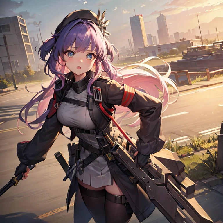 Need a single character image，The style is similar to the anime characters in the mobile game Arknights，Race is the film in the game，Little Loli，From the in-game country Victoria，Occupation is the intelligence unit of the country in the game Gray Hat。Age 18 years，Height 150cm。The hair is pink，She is petite and cute, but can hide her enormous strength under her uniform.，Good appearance，There is a murderous atmosphere，But the walking posture is a bit silly。Combat gloves on hands，The weapon is a two-handed axe that requires two hands to use.，This weapon is taller than she is.，Usually put it behind your back，When danger comes, it will quickly enter combat mode。The background of the character picture is the combat training ground，At this time, she is fully equipped and ready for training.。