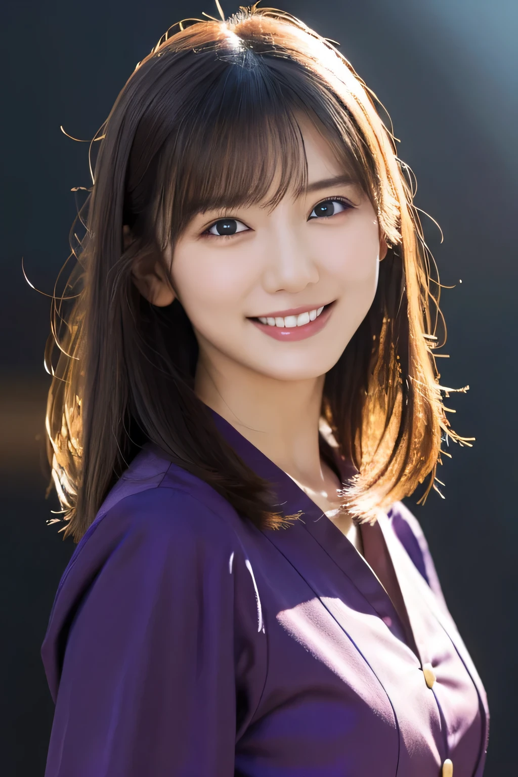 1 girl, (Wearing a deep purple outfit:1.2), Very beautiful Japanese idol portraits, 
(RAW Photos, highest quality), (Realistic, Realistic:1.4), (masterpiece), 
Very delicate and beautiful, Very detailed, 2k wallpaper, wonderful, finely, Very detailed CG Unity 8K wallpaper, Very detailed, High resolution, Soft Light, 
Beautiful detailed girl, Very detailed目と顔, Beautiful and sophisticated nose, Finely beautiful eyes, Cinema Lighting, 
(Simple light color background:1.3),
(Medium Hair), 
Complete Anatomy, Slender body, Small breasts, smile