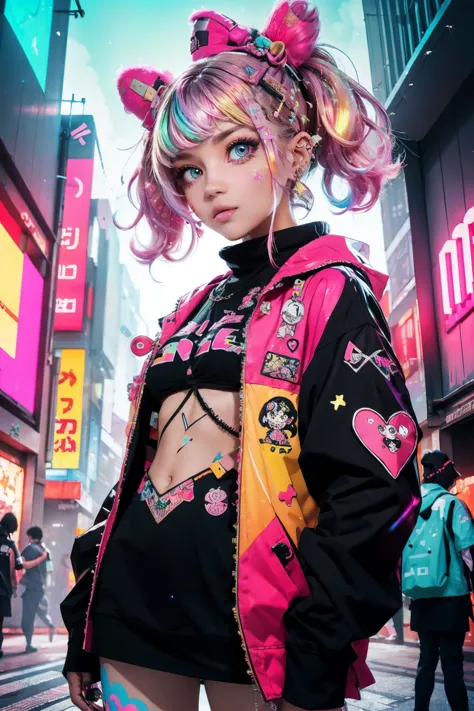 This is a cool cyberpunk and ornate (masterpiece). Generate a trendy decora woman in the colorful and busy streets of cyberpunk ...