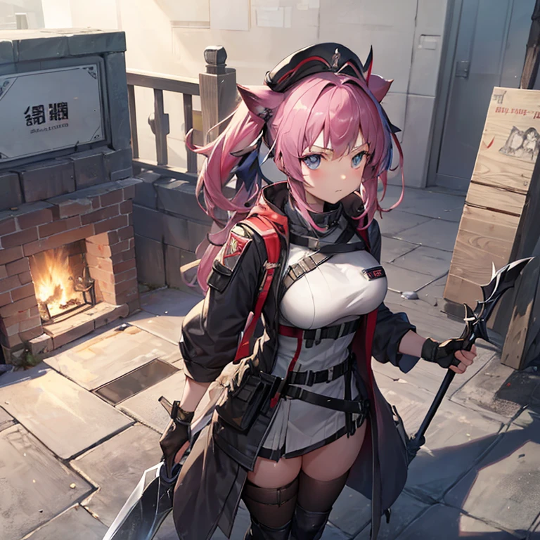 Need a single character image，The style is similar to the anime characters in the mobile game Arknights，Race is the film in the game，From the in-game country Victoria，Occupation is the intelligence unit of the country in the game Gray Hat。Age 18 years，Height 1.5 meters。She is a little loli，The hair is pink，She is petite and cute, but can hide her enormous strength under her uniform.，Good appearance，There is a murderous atmosphere，But the walking posture is a bit silly。Wearing combat gloves，The face is covered with a combat mask，Leaking hair。The weapon type is a two-handed axe that requires two hands to use.，The weapon is taller than she is.，Usually the weapon is placed in the storage box behind the huge axe.，When danger comes, it will quickly enter combat mode。