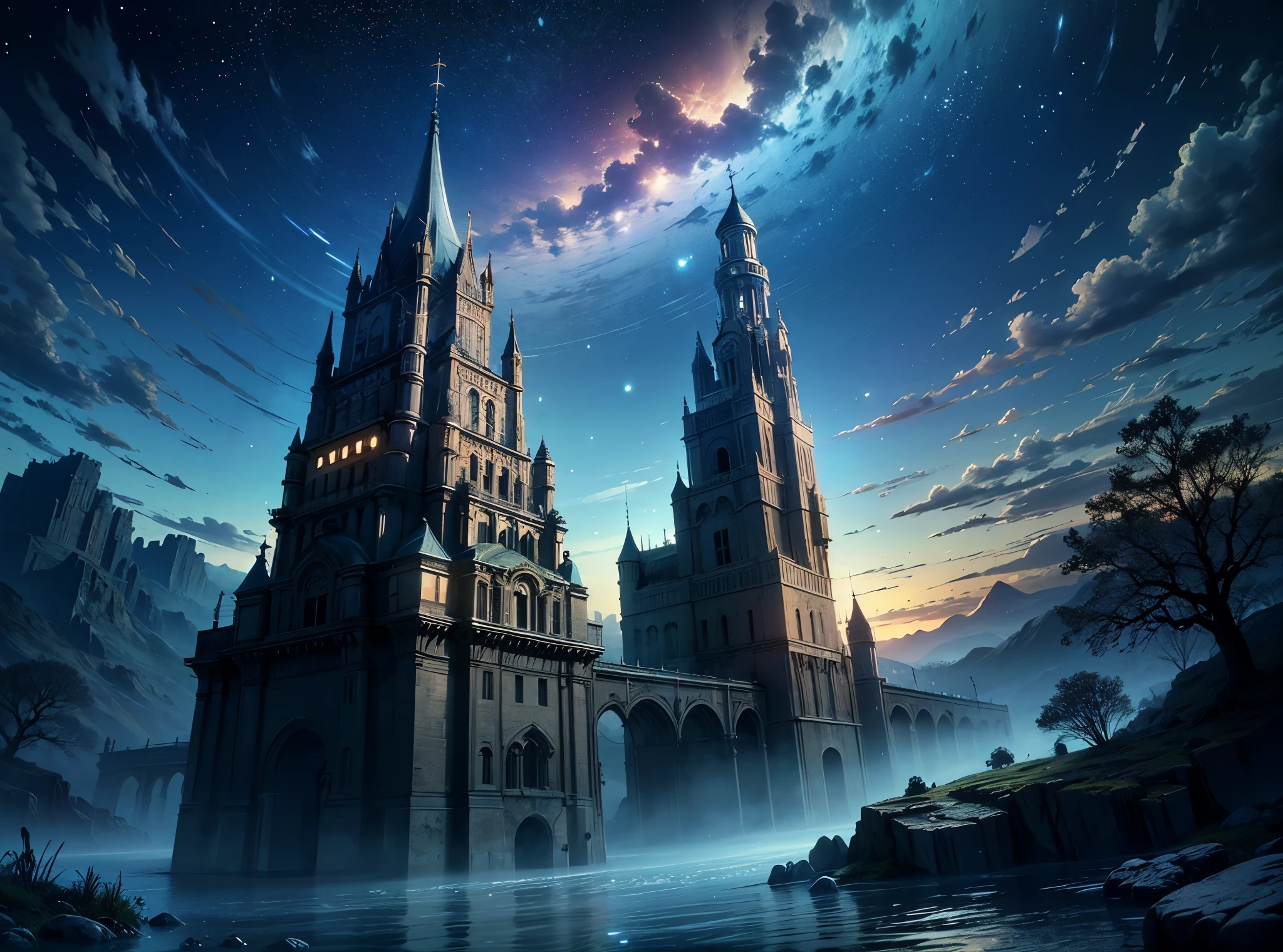 ((melhor qualidade)), ((obra de arte)), (detalhado), deep space, steampunk style, an ancient floating stone castle erected under a starry sky, interestelar voyage，constellations shrouded in cinematic mystery