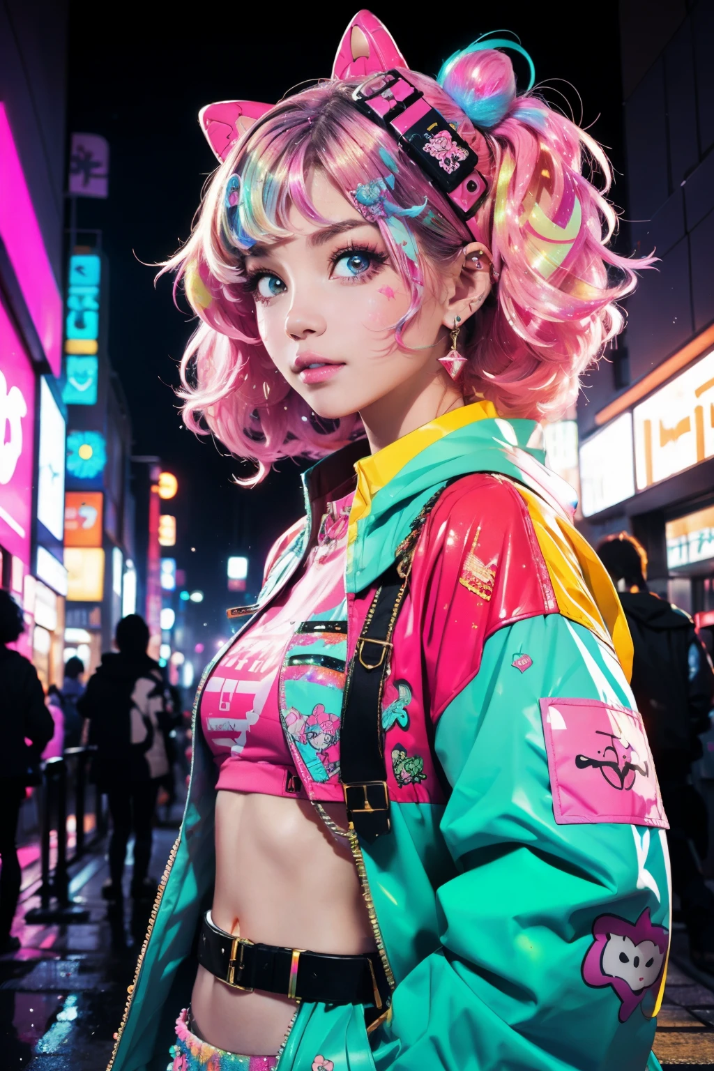 这是一个很酷的赛博朋克和华丽 (杰作). Generate a trendy 迪科拉 woman in the colorful and busy streets of cyberpunk Akihabara, 东京. Generate a happy 迪科拉 and cyberpunk adult woman in the style of Artstation and cyberpunk Harajuku street fashion. 她的衣服充满原宿风格. 包括超大配件, 霓虹色, 和创造性的分层. 女人的衣服和配饰应该非常华丽 ((((Harajuku 迪科拉)))) and 赛博朋克系 style.  女人的头发卷曲而有光泽，造型可爱. 女人的衣服和配饰应该非常华丽 Harajuku 迪科拉 and 迪科拉 kei style. 她的眼睛美丽而迷人, 有趣的颜色和图案. ((((彩虹色和闪光)))), 闪光, 最好的眼睛, 最好的质量, 赛博朋克系, 可视键, 自拍, 大胆的色彩和图案, LED 灯, ((发光的霓虹灯)), ((极其详细)), ((动态合成)), (((迪科拉)))