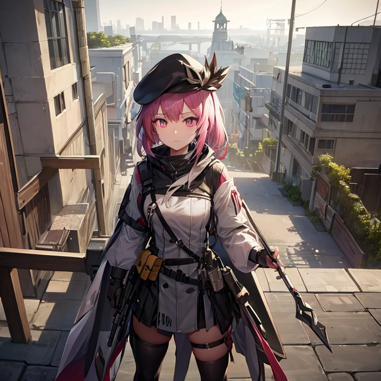 Need a single character image，The style is similar to the anime characters in the mobile game Arknights，Race is the film in the game，From the in-game country Victoria，Occupation is the intelligence unit of the country in the game Gray Hat。Age 18 years，Height 1.5 meters。She is a little loli，The hair is pink，She is petite and cute, but can hide her enormous strength under her uniform.，Good appearance，There is a murderous atmosphere，But the walking posture is a bit silly。Wearing combat gloves，The face is covered with a combat mask，Leaking hair。The weapon type carried is a two-handed greataxe，The weapon is taller than she is.，Usually the weapon is placed behind its back，When danger comes, it will quickly enter combat mode。