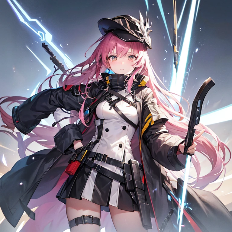 Need a single character image，The style is similar to the anime characters in the mobile game Arknights，Race is the film in the game，From the in-game country Victoria，Occupation is the intelligence unit of the country in the game Gray Hat。Age 18 years，Height 1.5 meters。She is a little loli，The hair is pink，She is petite and cute, but can hide her enormous strength under her uniform.，Good appearance，There is a murderous atmosphere，But the walking posture is a bit silly。Wearing combat gloves，The face is covered with a combat mask，Leaking hair。The weapon type carried is a two-handed greataxe，The weapon is taller than she is.，Usually the weapon is placed behind its back，When danger comes, it will quickly enter combat mode。