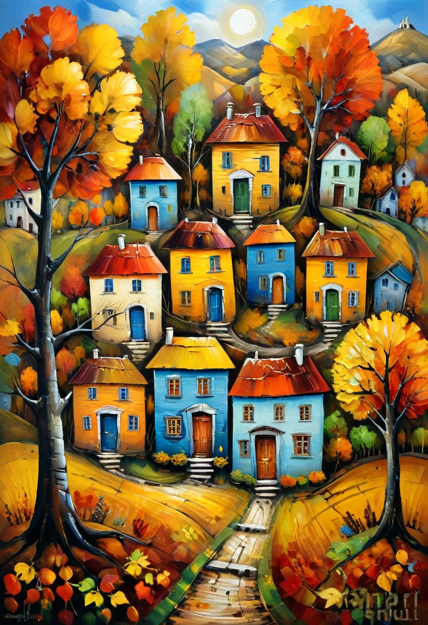 Automne doré. Dans le style du primitivisme. David Martiachvili. Une palette riche, une technique d&#39;écriture particulière. Synthèse de formes primitives avec des techniques de peinture complexes. esthétique. peinture à l&#39;huile colorée. Vieilles maisons délabrées qui ont conservé leur beauté et leur charme
