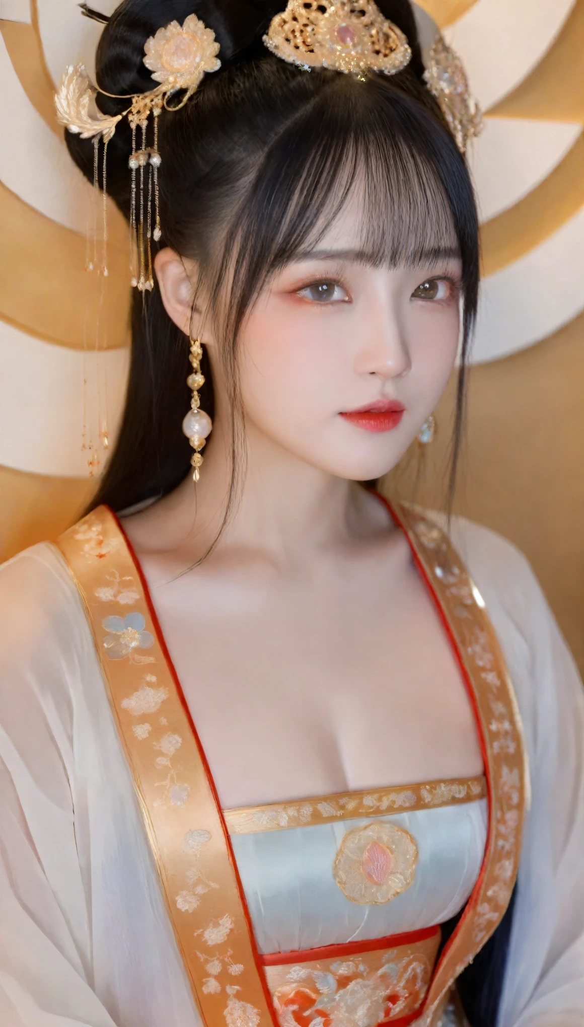 (best quality,4k,8k,highres,masterpiece:1.2),ultra-detailed,realistic:1.37,hanfu-clad girl,semi-transparent attire,ample breasts,gold embroidery,detailed eyes,long eyelashes,ethereal aura,naive,dreamy,kawaii appearance,soft lighting,vibrant colors