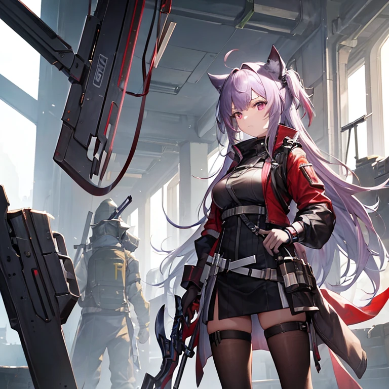 Need a single character image，The style is similar to the anime characters in the mobile game Arknights，Race is the film in the game，From the in-game country Victoria，Occupation is the intelligence unit of the country in the game Gray Hat。Age 18 years，Height 1.5 meters。She is a little loli，The hair is pink，She is petite and cute, but can hide her enormous strength under her uniform.，Good appearance，There is a murderous atmosphere，But the walking posture is a bit silly。Wearing combat gloves，The face is covered with a combat mask，Leaking hair。The only weapon he carries is a two-handed axe.，The weapon is taller than she is.，Usually the weapon is placed behind its back，When danger comes, it will quickly enter combat mode。