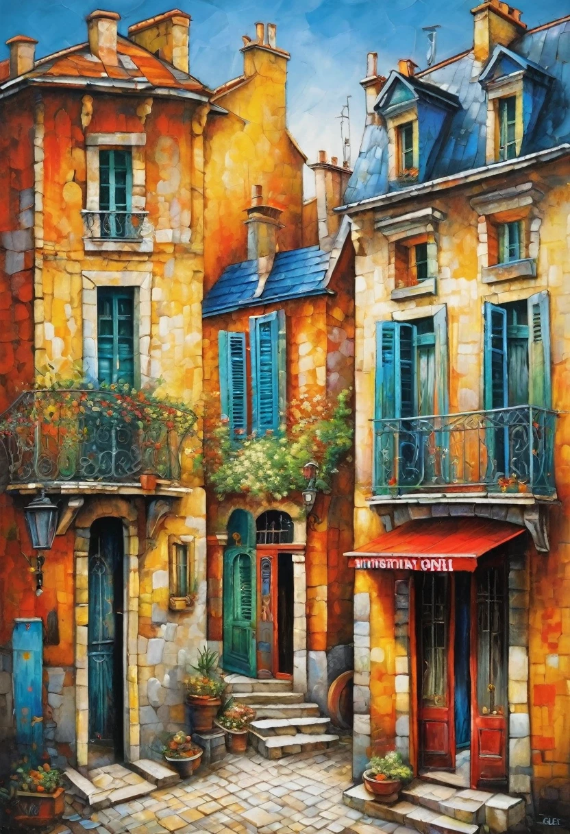 Vieux quartiers de Paris en 1986, Dans le style du primitivisme. David Martiachvili. Une palette riche, une technique d&#39;écriture particulière. Synthèse de formes primitives avec des techniques de peinture complexes. esthétique. peinture à l&#39;huile colorée. Vieilles maisons délabrées qui ont conservé leur beauté et leur charme
