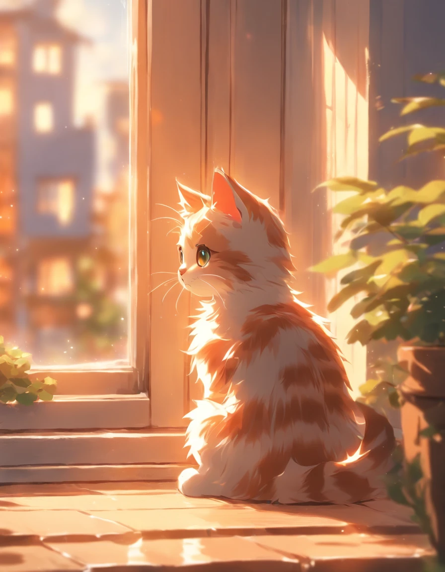 A fluffy striped kitten is sitting on a windowsill and looking at the street