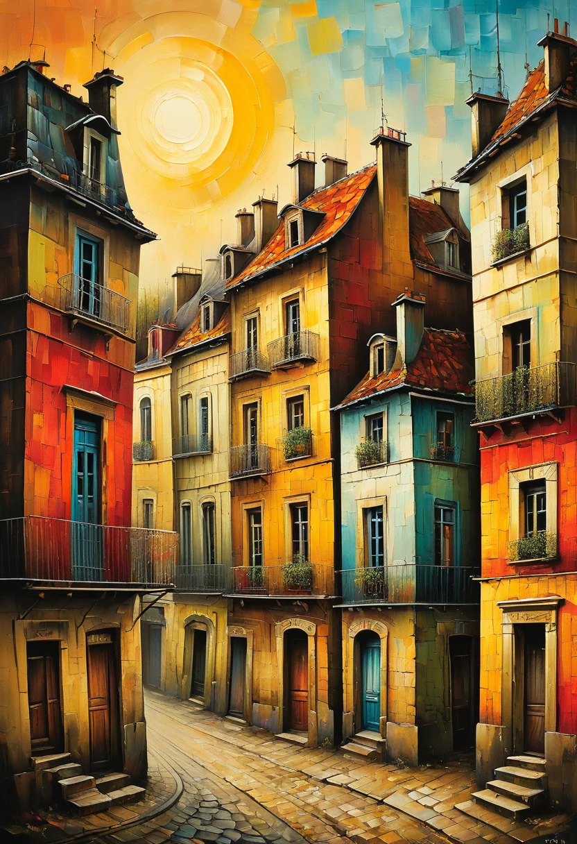 Old quarters of Paris in 1986, in the style of primitivism. David Martiashvili. A rich palette, a special writing technique. Synthesis of primitive forms with complex painting techniques. Aesthetics. Colorful oil painting. Old shabby houses that have retained their beauty and charm
