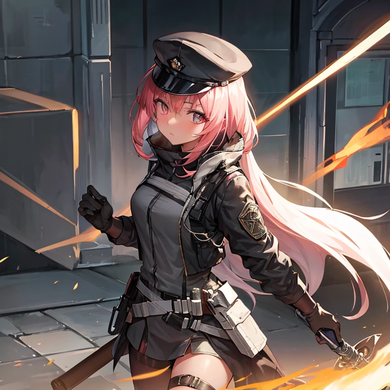 Need a single character image，The style is similar to the character portraits of the mobile game Arknights，Race is the film in the game，From the in-game country Victoria，Occupation is the intelligence unit of the country in the game Gray Hat。Age 18 years，Height 1.5 meters。She is a little loli，The hair is pink，She is petite and cute, but can hide her enormous strength under her uniform.，Good appearance，There is a murderous atmosphere，But the walking posture is a bit silly。Wearing combat gloves，The face is covered with a combat mask，Leaking hair。The only weapon he carries is a two-handed axe.，The weapon is taller than she is.，Usually the weapon is placed behind its back，When danger comes, it will quickly enter combat mode。