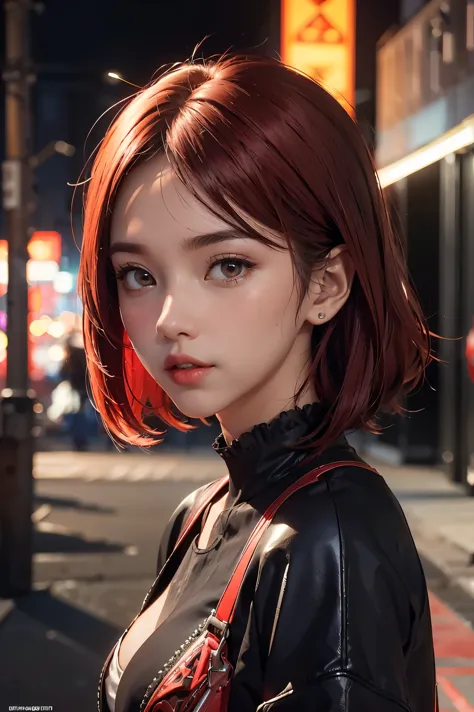 beautiful girl, half body portrait, short bright red disheveled hair, black eyeshadow, (street style wear:1.2), (city background...