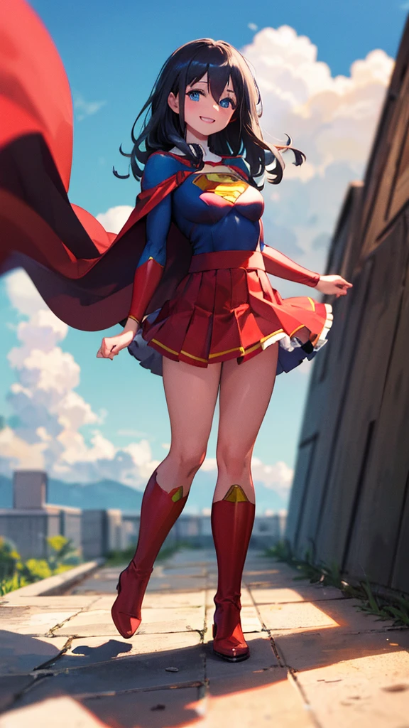 masterpiece, 4K, 8k, high quality, Very detailed, Detailed face, High resolution, Vibrant colors, Natural light, Best Shadow, Shallow depth of field, Alice，Portraiture (Supergirl:1.1) standing on a roof, smile, Red Skirt, Red Cape, red boots with heels, delicate, Captivating blue eyes, Nice medium sized breasts, Black long hair, (Superman symbol on chest:1.2), barefoot, blue sky, sunlight, cloud, sun, bloom,