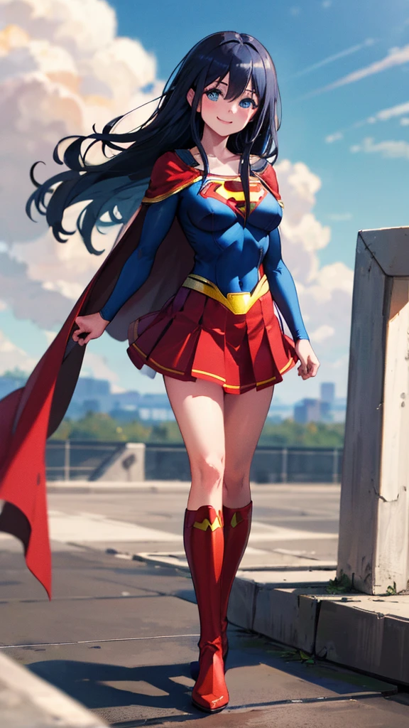 masterpiece, 4K, 8k, high quality, Very detailed, Detailed face, High resolution, Vibrant colors, Natural light, Best Shadow, Shallow depth of field, Alice，Portraiture (Supergirl:1.1) standing on a roof, smile, Red Skirt, Red Cape, red boots with heels, delicate, Captivating blue eyes, Nice medium sized breasts, Black long hair, (Superman symbol on chest:1.2), barefoot, blue sky, sunlight, cloud, sun, bloom,