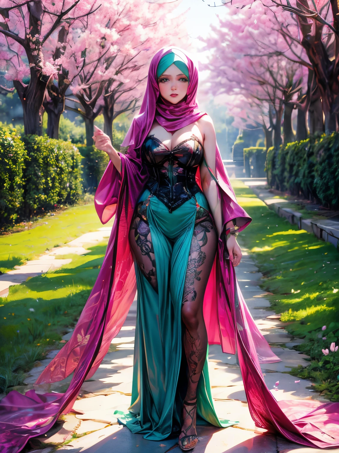 A seductive MILF Muslim, wearing provocative PVC pink corset lingerie, a silk headscarf, and stockings. Her body is adorned with intricate tattoos, standing in the middle of a green field, full of Sakura flower, ine the middle of a garden, heavenly scenery, sunny day, vivid, cinematic, 