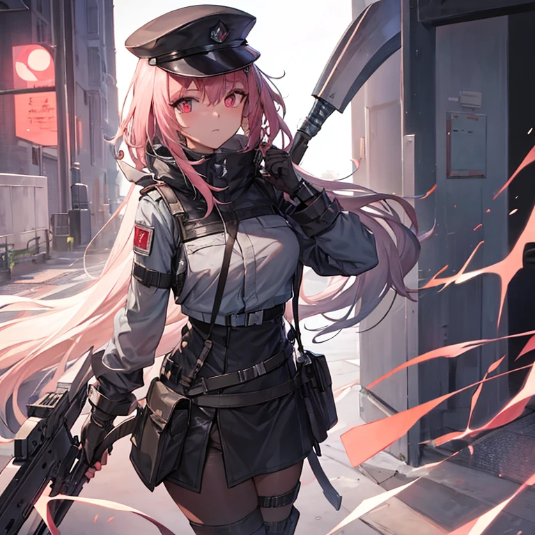 Need a single character image，The style is similar to the character portraits of the mobile game Arknights，Race is the film in the game，From the in-game country Victoria，Occupation is the intelligence unit of the country in the game Gray Hat。Age 18 years，Height 1.5 meters。She is a little loli，The hair is pink，Petite and cute，But there is great power hidden under the uniform，Good appearance，There is a murderous atmosphere，But the walking posture is a bit silly。Wearing combat gloves，The face is covered with a combat mask，But the hair can be seen。The weapon held in both hands is a very large axe，This weapon is even taller than her height.。