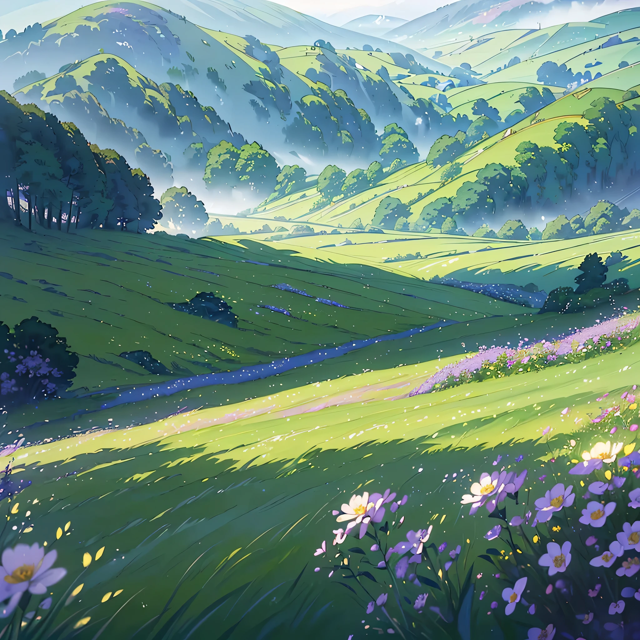 (highest quality、High resolution、masterpiece)、(Anime Art 4k)、(Realistic)、((Beautiful landscape photography, Cinema Lighting、Ray Tracing、Soft Light、Welsh countryside landscape on a misty morning in England、Create a magical scene in a misty meadow on a calm morning、Draw delicate and blurry brushwork、place々flowers bloom、(Sargent-style watercolor)、(Edmund Leighton Style)、