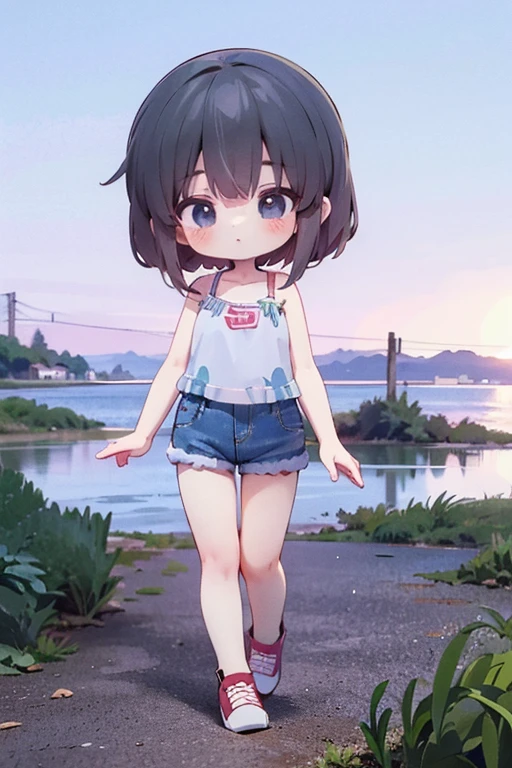 pretty, shortstack girl, spaghetti strap top, denim shorts, red sneakers, casual walk on a peaceful lakeshore, dramatic, cinematic, traditional anime, HD quality,