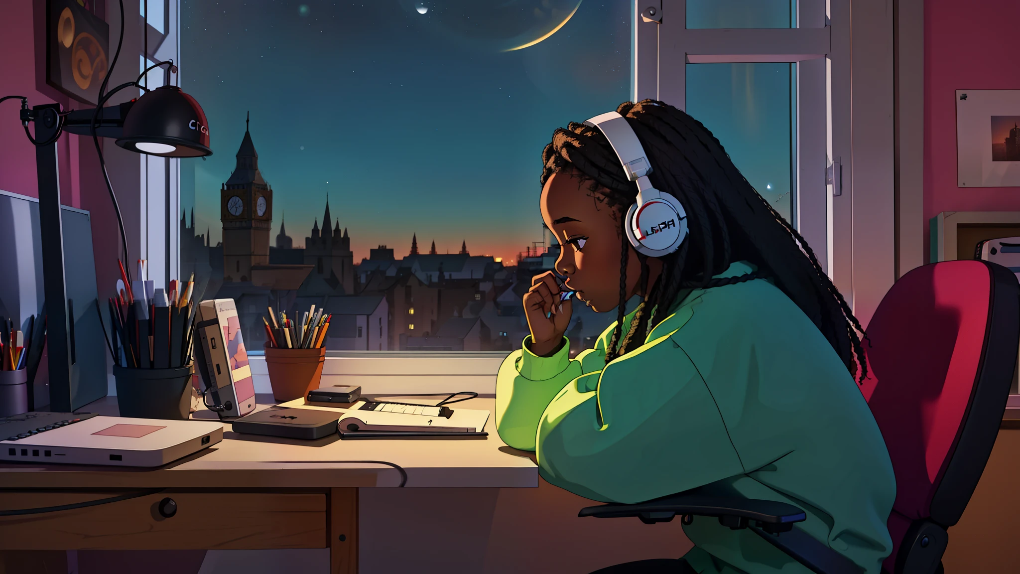 lofistudy, African girl with long hair writing in profile, Working on a PC at a desk by the window,Wearing headphones and trainers, Sitting by the window with England at night as a backdrop, Capturing the hip-hop vibe.