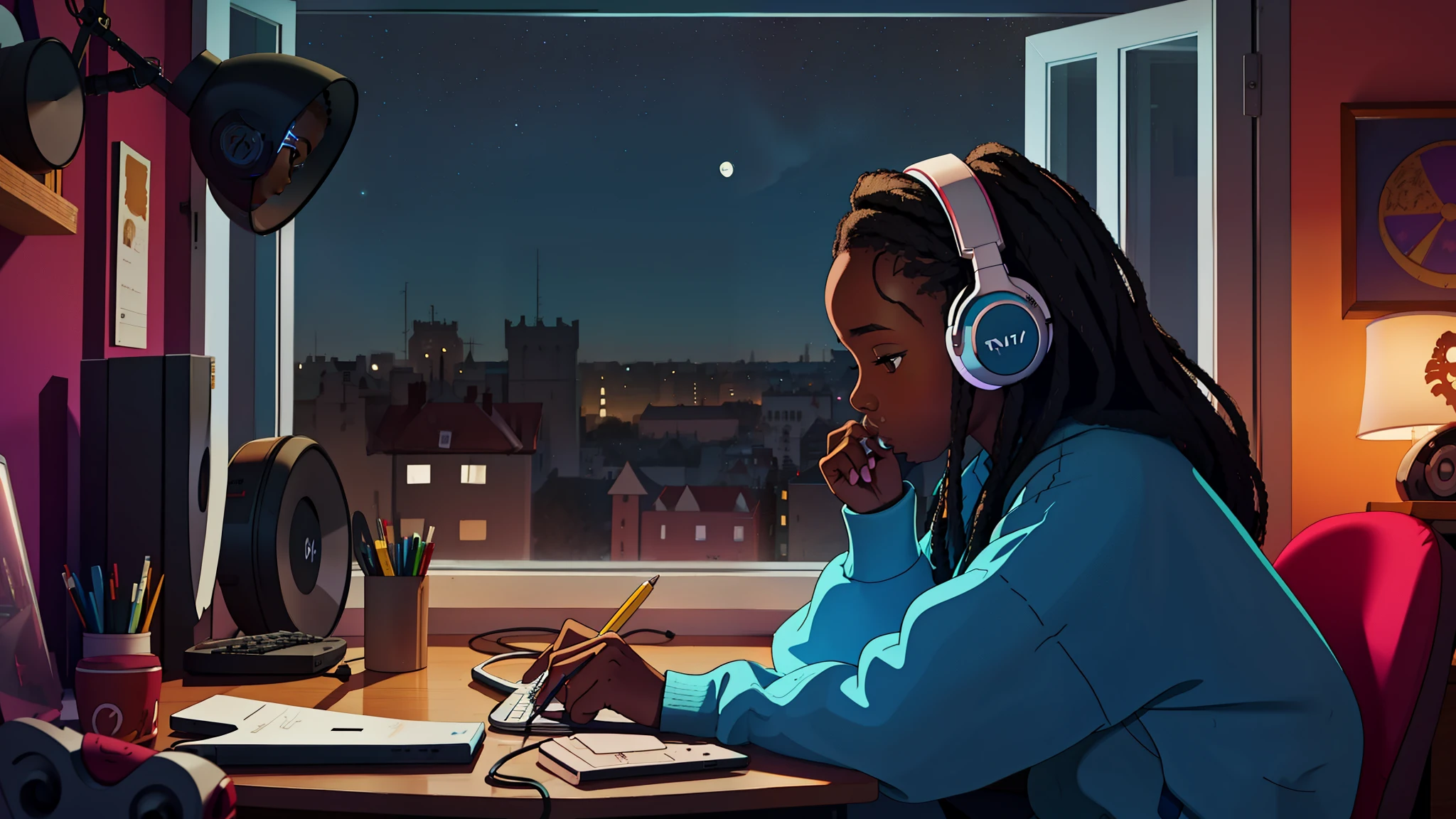 lofistudy, African girl with long hair writing in profile, Working on a PC at a desk by the window,Wearing headphones and trainers, Sitting by the window with England at night as a backdrop, Capturing the hip-hop vibe.