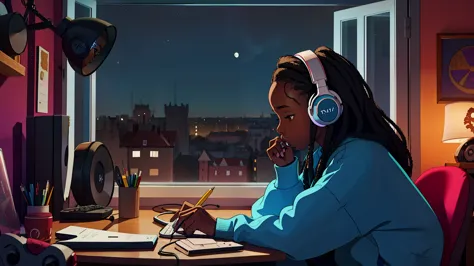 lofistudy, African girl with long hair writing in profile, Working on a PC at a desk by the window,Wearing headphones and traine...