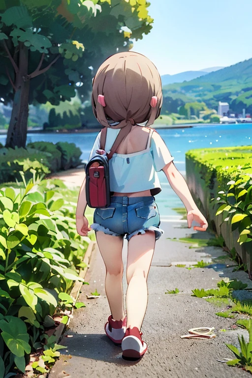 pretty, shortstack girl, spaghetti strap top, denim shorts, red sneakers, casual walk on a peaceful lakeshore, dramatic, cinematic, traditional anime, HD quality,