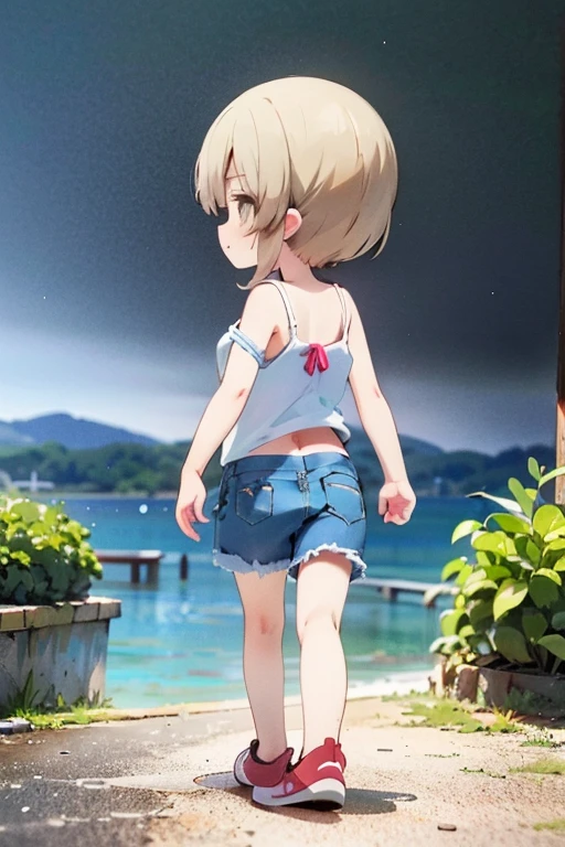 pretty, shortstack girl, spaghetti strap top, denim shorts, red sneakers, casual walk on a peaceful lakeshore, dramatic, cinematic, traditional anime, HD quality,