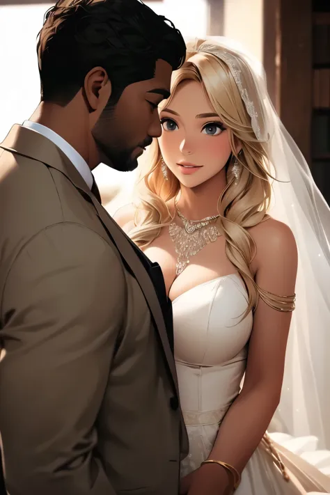 blonde woman, brown man, newlyweds