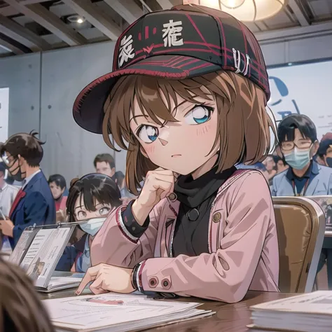 uhd, super detail, 1 girl,10 years old, haibara ai , detective conan,brown hair, shortcuts, hat, mask,  (((comiket))), table, ch...