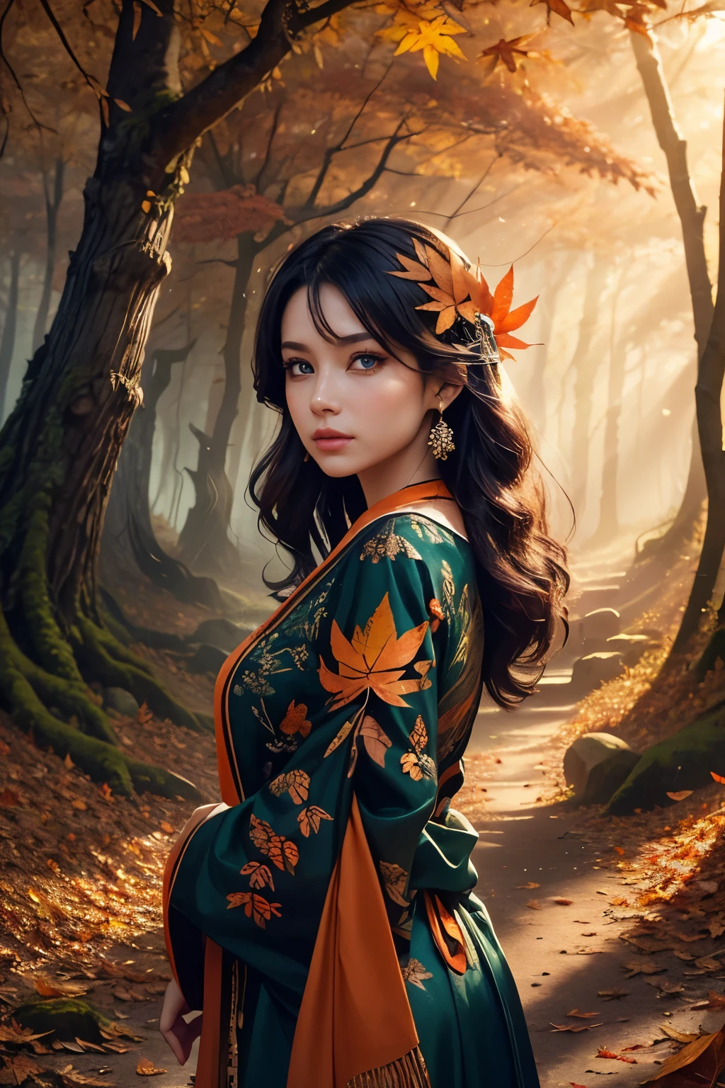 This is a (((highly detailed))) and (((hires))) fantasy image with (((many woodland elements))) and ((many colors)). Generate one interesting woman. The woman has striking eyes and beautiful eyes and ((colorful eyes)), with many colors and interesting patterns. Her clothing is soft and ornate, with flowing silks and sparkling gems. The woman is a (woodland faerie) standing in the midst of an autumn forest with hazy sunlight and (((many realistic red and orange leaves))) falling. The forest is thick with beautiful trees and rays of sunlight or moonlight. Include fall leaves in the air, wind, and chilly weather. Use dynamic composition and lighting to create a (compelling masterpiece). The image should be busy and chaotic with leaves swirling in the wind. Include shimmer, shimmering, fantastical details, (ultra-detailed), cheek blush, cheek flush, puffy lips, fanfo