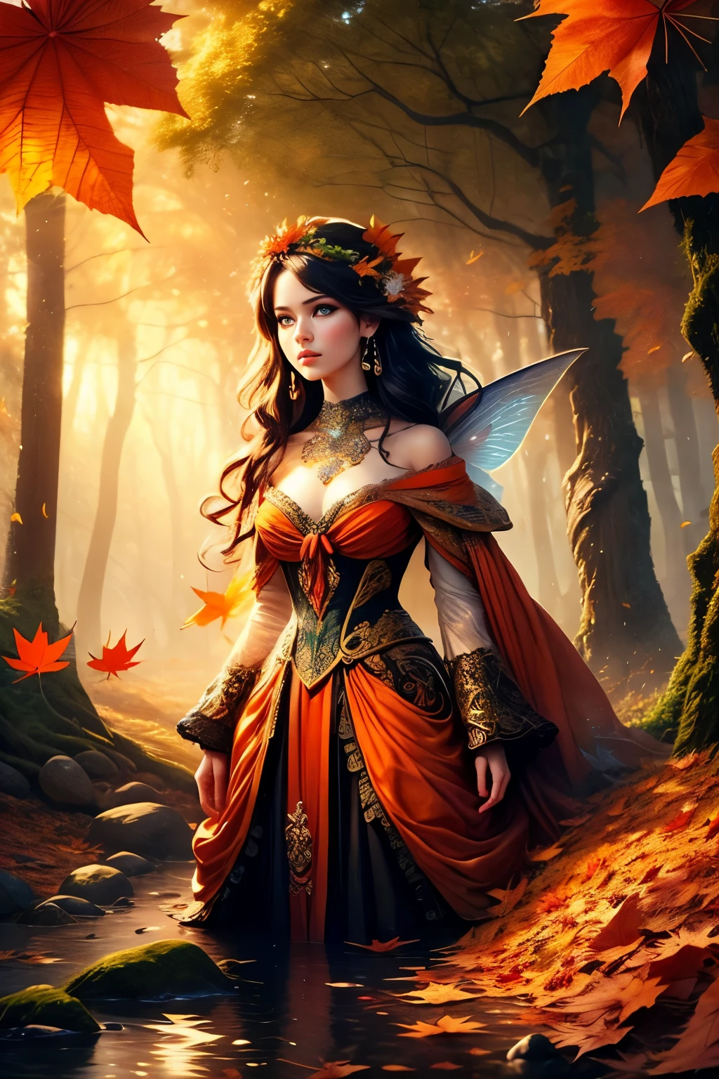 This is a (((highly detailed))) and (((hires))) fantasy image with (((many woodland elements))) and ((many colors)). Generate one interesting woman. The woman has striking eyes and beautiful eyes and ((colorful eyes)), with many colors and interesting patterns. Her clothing is soft and ornate, with flowing silks and sparkling gems. The woman is a (woodland faerie) standing in the midst of an autumn forest with hazy sunlight and (((many realistic red and orange leaves))) falling. The forest is thick with beautiful trees and rays of sunlight or moonlight. Include fall leaves in the air, wind, and chilly weather. Use dynamic composition and lighting to create a (compelling masterpiece). The image should be busy and chaotic with leaves swirling in the wind. Include shimmer, shimmering, fantastical details, (ultra-detailed), cheek blush, cheek flush, puffy lips, fanfo